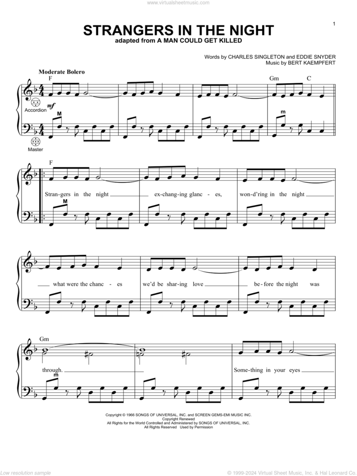 Strangers In The Night sheet music for accordion by Frank Sinatra, Bert Kaempfert, Charles Singleton and Eddie Snyder, intermediate skill level