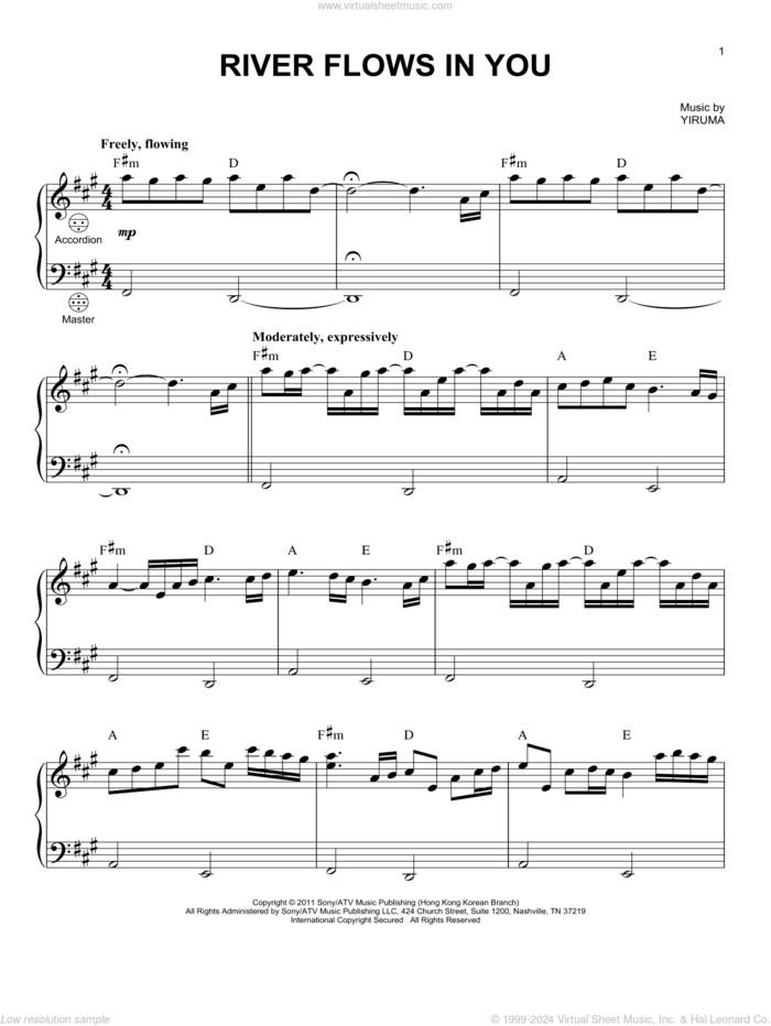 River Flows In You sheet music for accordion by Yiruma, classical score, intermediate skill level