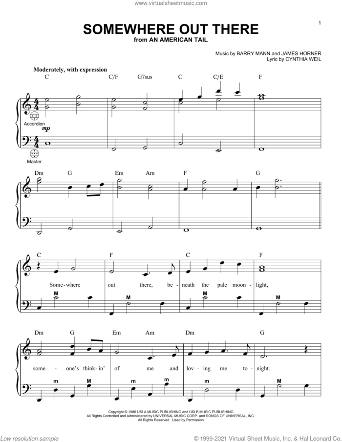 Somewhere Out There (from An American Tail) sheet music for accordion by Linda Ronstadt & James Ingram, Barry Mann, Cynthia Weil and James Horner, intermediate skill level