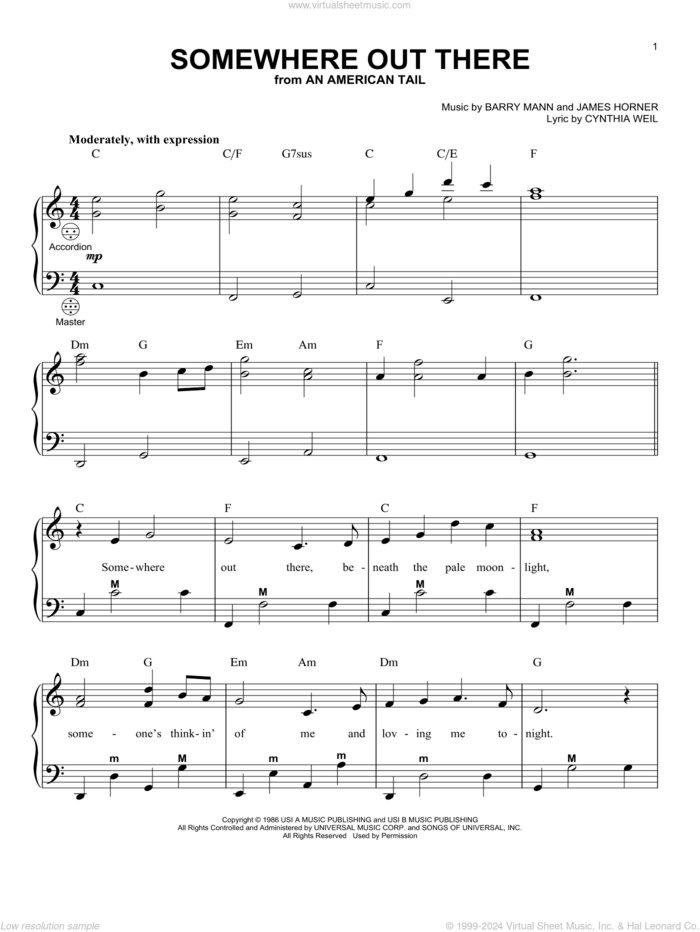 Somewhere Out There (from An American Tail) sheet music for accordion by Linda Ronstadt & James Ingram, Barry Mann, Cynthia Weil and James Horner, intermediate skill level