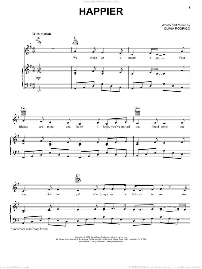 happier sheet music for voice, piano or guitar by Olivia Rodrigo, intermediate skill level