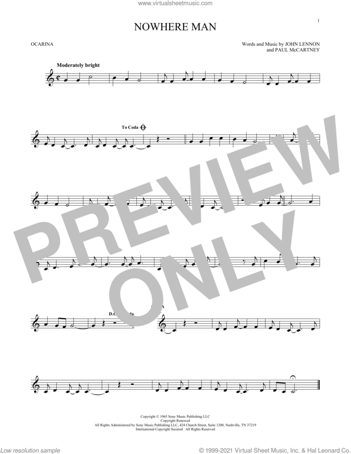 Nowhere Man sheet music for ocarina solo by The Beatles, John Lennon and Paul McCartney, intermediate skill level