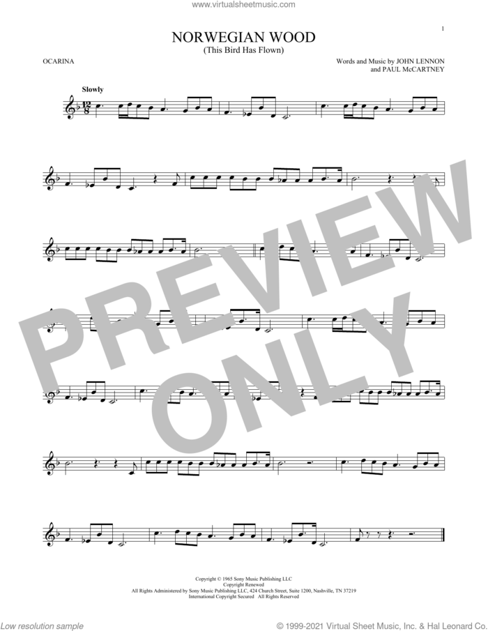 Norwegian Wood (This Bird Has Flown) sheet music for ocarina solo by The Beatles, John Lennon and Paul McCartney, intermediate skill level