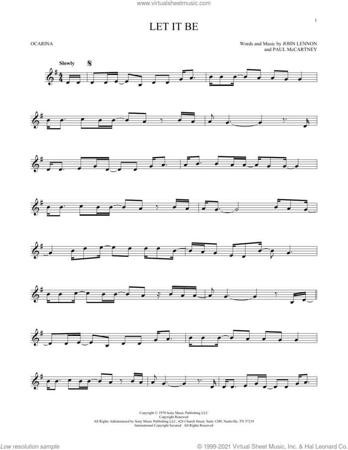 Let It Be sheet music for ocarina solo by The Beatles, John Lennon and Paul McCartney, intermediate skill level