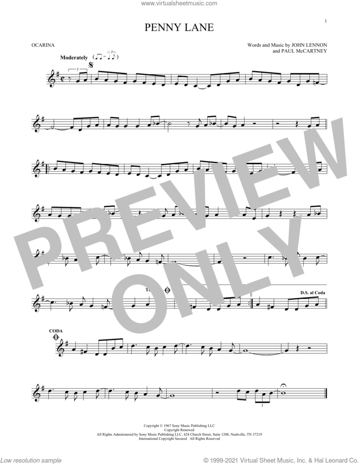 Penny Lane sheet music for ocarina solo by The Beatles, John Lennon and Paul McCartney, intermediate skill level