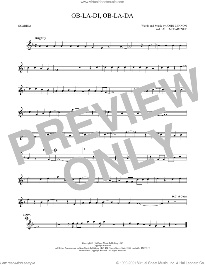 Ob-La-Di, Ob-La-Da sheet music for ocarina solo by The Beatles, John Lennon and Paul McCartney, intermediate skill level