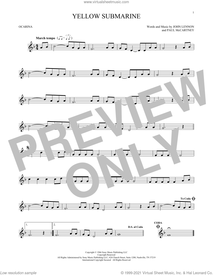 Yellow Submarine sheet music for ocarina solo by The Beatles, John Lennon and Paul McCartney, intermediate skill level