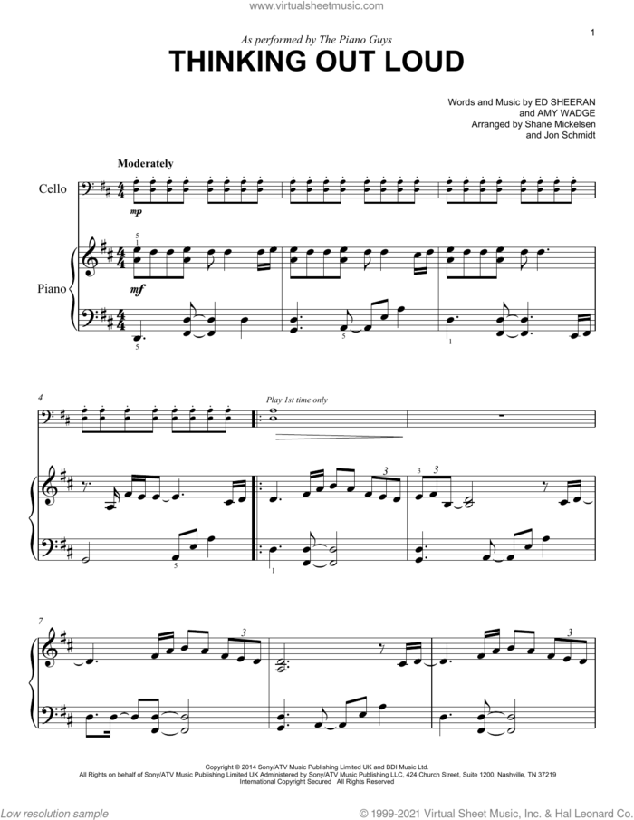 Thinking Out Loud sheet music for voice and other instruments (E-Z Play) by The Piano Guys, Amy Wadge and Ed Sheeran, wedding score, easy skill level