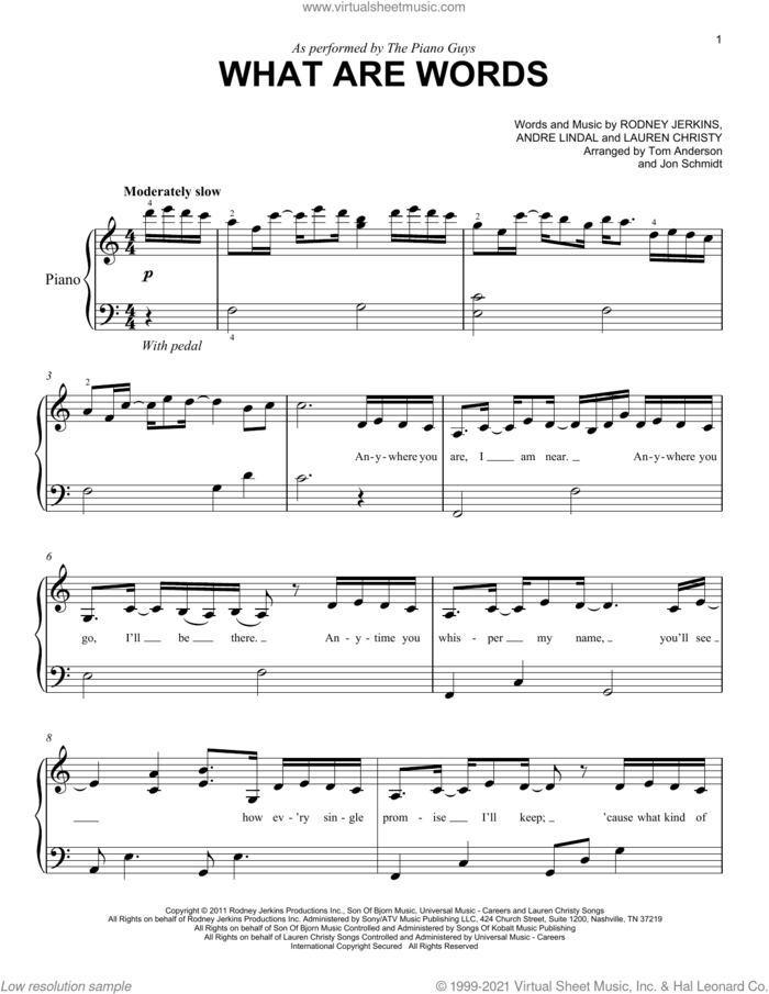 What Are Words sheet music for voice and other instruments (E-Z Play) by The Piano Guys, Chris Medina, Andre Lindal, Lauren Christy and Rodney Jerkins, easy skill level