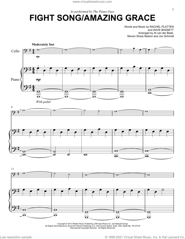 Fight Song/Amazing Grace sheet music for voice and other instruments (E-Z Play) by The Piano Guys, Dave Bassett and Rachel Platten, easy skill level