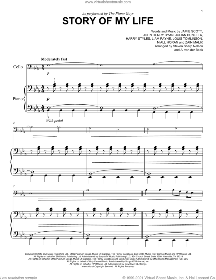 Story Of My Life sheet music for voice and other instruments (E-Z Play) by The Piano Guys, One Direction, Harry Styles, Jamie Scott, John Henry Ryan, Julian Bunetta, Liam Payne, Louis Tomlinson, Niall Horan and Zain Malik, easy skill level