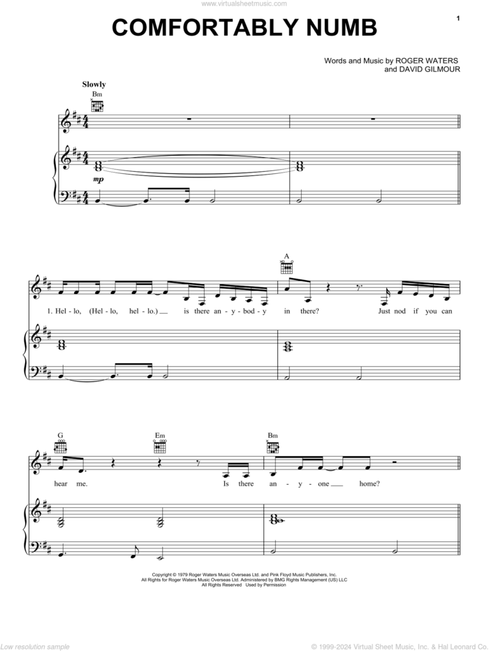 Comfortably Numb sheet music for voice, piano or guitar by Pink Floyd, David Gilmour and Roger Waters, intermediate skill level