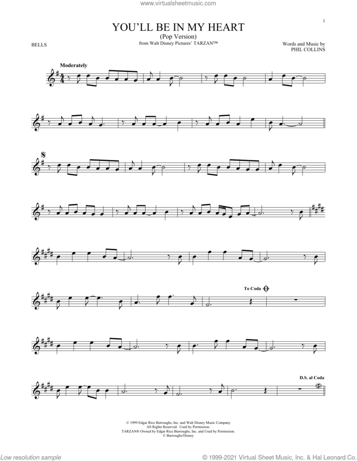 You'll Be In My Heart (from Tarzan) sheet music for Hand Bells Solo (bell solo) by Phil Collins, intermediate Hand Bells Solo (bell)