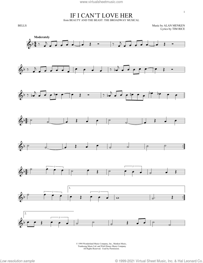 If I Can't Love Her (from Beauty And The Beast: The Musical) sheet music for Hand Bells Solo (bell solo) by Alan Menken, Alan Menken & Tim Rice and Tim Rice, intermediate Hand Bells Solo (bell)
