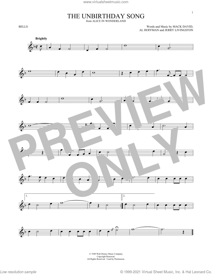 The Unbirthday Song (from Alice In Wonderland) sheet music for Hand Bells Solo (bell solo) by Mack David, Al Hoffman and Jerry Livingston, Al Hoffman, Jerry Livingston and Mack David, intermediate Hand Bells Solo (bell)