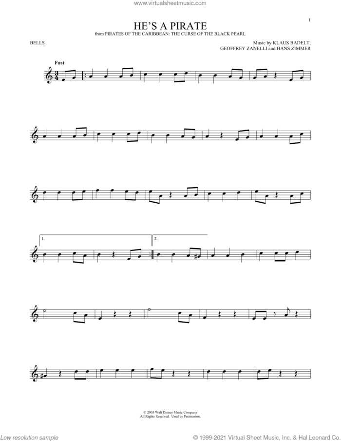 He's A Pirate (from Pirates Of The Caribbean: The Curse of the Black Pearl) sheet music for Hand Bells Solo (bell solo) by Hans Zimmer, Geoffrey Zanelli and Klaus Badelt, intermediate Hand Bells Solo (bell)