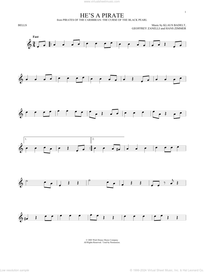 He's A Pirate (from Pirates Of The Caribbean: The Curse of the Black Pearl) sheet music for Hand Bells Solo (bell solo) by Hans Zimmer, Geoffrey Zanelli and Klaus Badelt, intermediate Hand Bells Solo (bell)