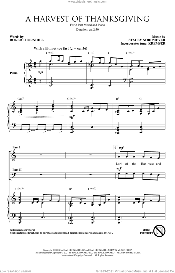 A Harvest Of Thanksgiving sheet music for choir (2-Part) by Stacey Nordmeyer and Roger Thornhill and Stacey Nordmeyer and Roger Thornhill, intermediate duet