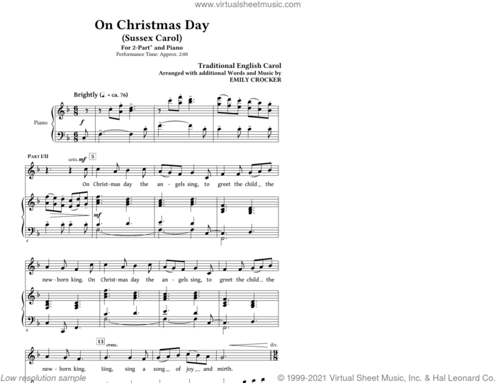 On Christmas Day (Sussex Carol) sheet music for choir (2-Part) by Emily Crocker, intermediate duet