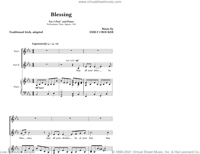 Blessing sheet music for choir (2-Part) by Emily Crocker and Traditional Irish, intermediate duet