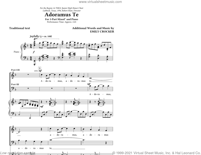 Adoramus Te sheet music for choir (3-Part Mixed) by Emily Crocker and Miscellaneous, intermediate skill level