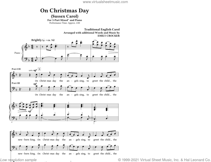 On Christmas Day (Sussex Carol) sheet music for choir (3-Part Mixed) by Emily Crocker, intermediate skill level