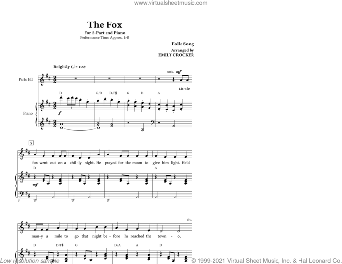 The Fox (Folk Song) sheet music for choir (2-Part) by Emily Crocker and Burl Ives, intermediate duet