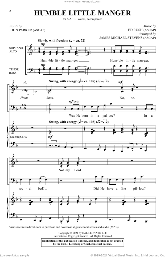 Humble Little Manger (arr. James Michael Stevens) sheet music for choir (SATB: soprano, alto, tenor, bass) by Ed Rush, James Michael Stevens and John Parker and Ed Rush and John Parker, intermediate skill level