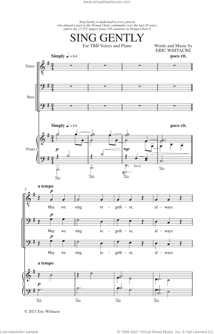 Sing Gently sheet music for choir (TBB: tenor, bass) by Eric Whitacre, intermediate skill level