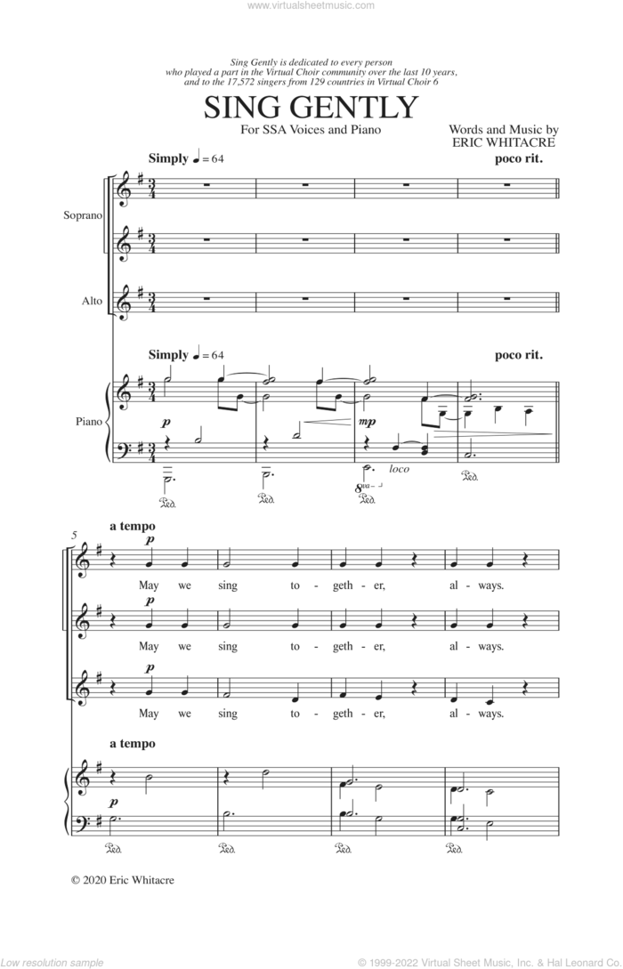 Sing Gently sheet music for choir (SSA: soprano, alto) by Eric Whitacre, intermediate skill level