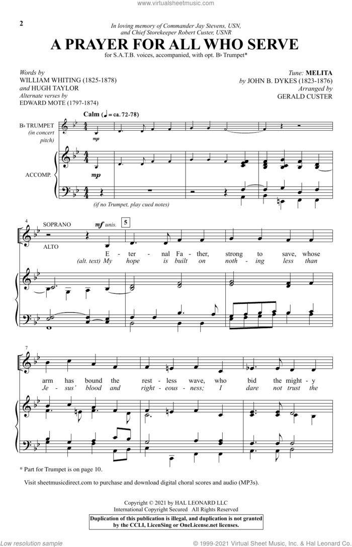 A Prayer For All Who Serve (arr. Gerald Custer) sheet music for choir (SATB: soprano, alto, tenor, bass) by John Bacchus Dykes, Gerald Custer, Edward More, Hugh Taylor, William Whiting and Tune: MELITA, intermediate skill level