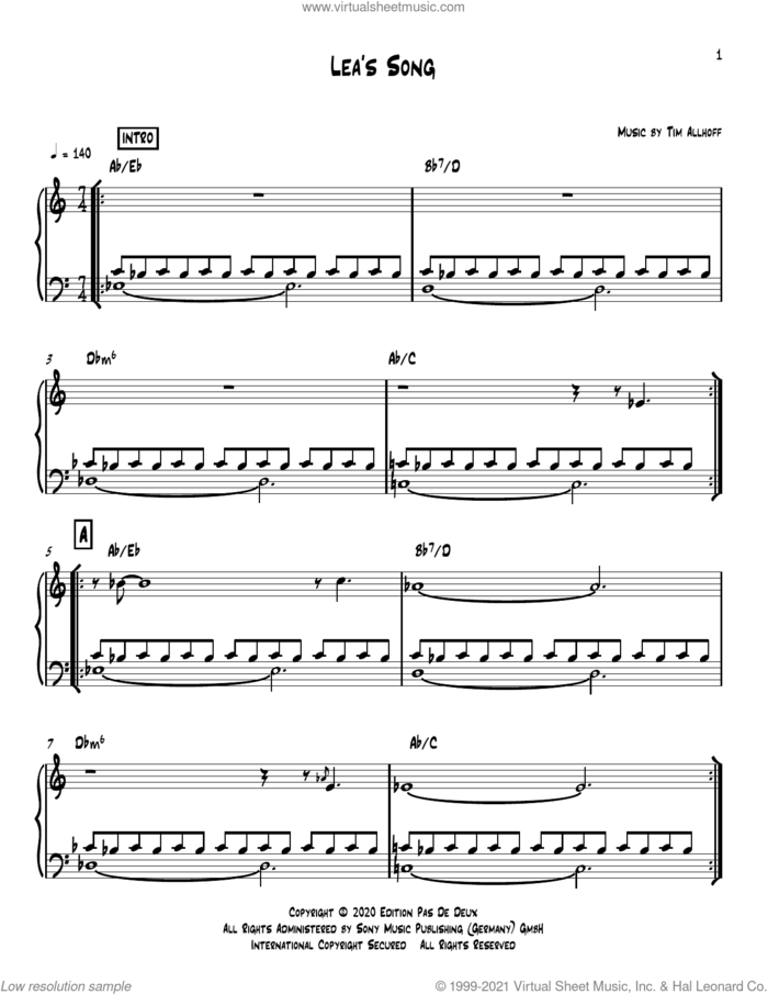 Lea's Song sheet music for piano solo by Tim Allhoff, classical score, intermediate skill level