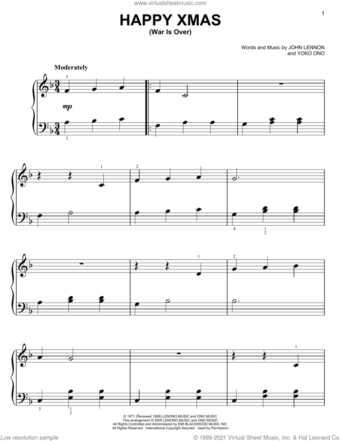 Happy Xmas (War Is Over) sheet music for voice and other instruments (E-Z Play) by John Lennon and Yoko Ono, easy skill level