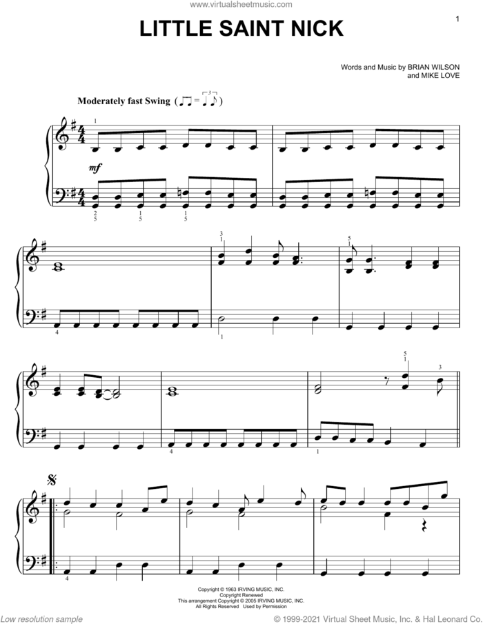 Little Saint Nick sheet music for voice and other instruments (E-Z Play) by The Beach Boys, Brian Wilson and Mike Love, easy skill level