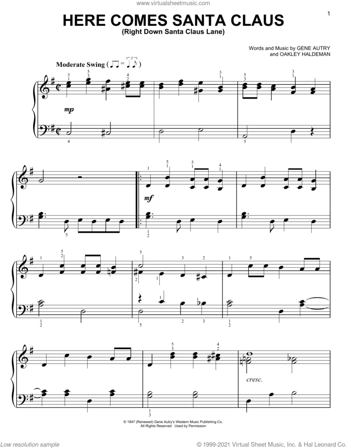Here Comes Santa Claus (Right Down Santa Claus Lane) sheet music for voice and other instruments (E-Z Play) by Gene Autry and Oakley Haldeman, easy skill level