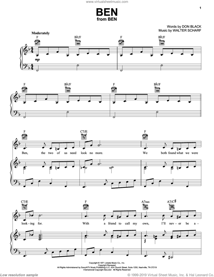 Ben sheet music for voice, piano or guitar by Michael Jackson, Don Black and Walter Scharf, intermediate skill level