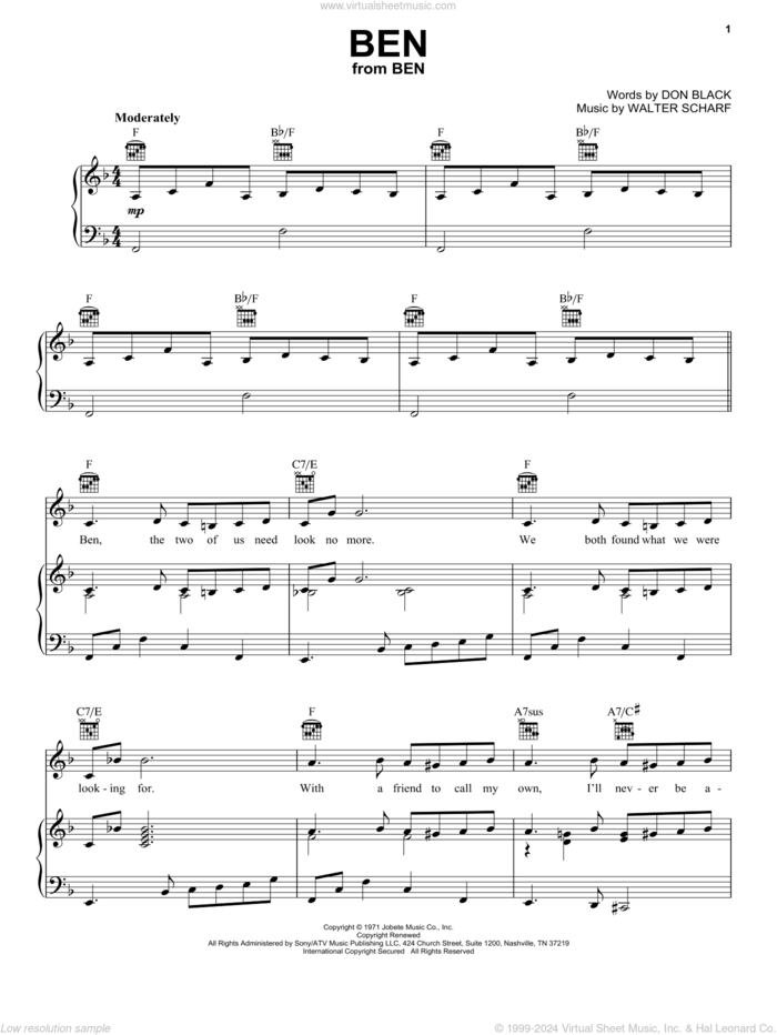 Ben sheet music for voice, piano or guitar by Michael Jackson, Don Black and Walter Scharf, intermediate skill level