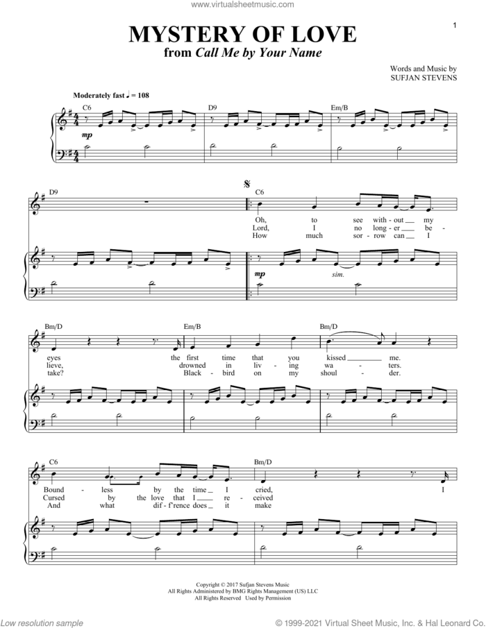 Mystery Of Love (from Call Me By Your Name) sheet music for voice and piano by Sufjan Stevens, intermediate skill level