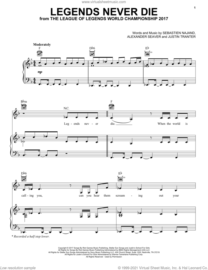 Legends Never Die (feat. Against The Current) sheet music for voice, piano or guitar by League of Legends, Alexander Seaver, Justin Tranter and Sebastien Najand, intermediate skill level