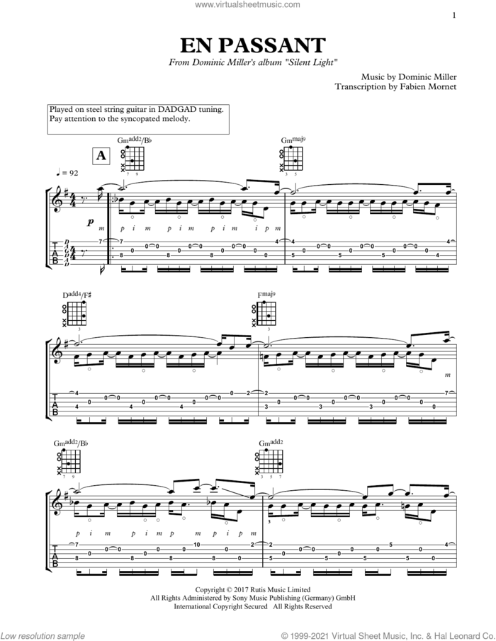 En passant sheet music for guitar solo by Dominic Miller, classical score, intermediate skill level