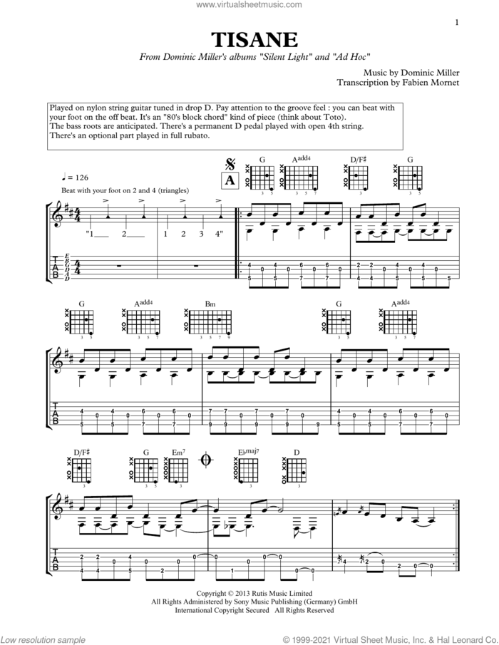 Tisane sheet music for guitar solo by Dominic Miller, classical score, intermediate skill level