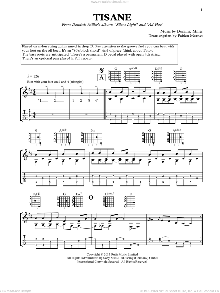 Tisane sheet music for guitar solo by Dominic Miller, classical score, intermediate skill level