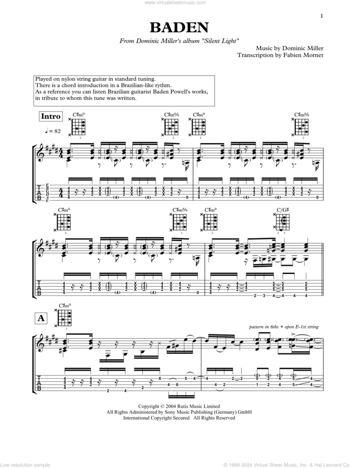 Baden sheet music for guitar solo by Dominic Miller, classical score, intermediate skill level