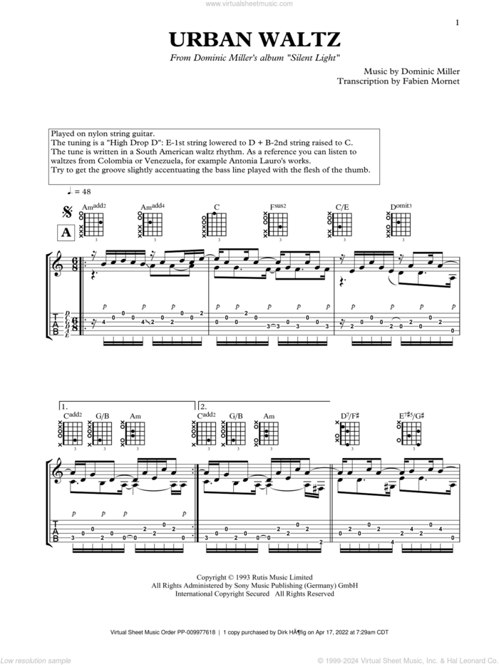 Urban Waltz sheet music for guitar solo by Dominic Miller, classical score, intermediate skill level