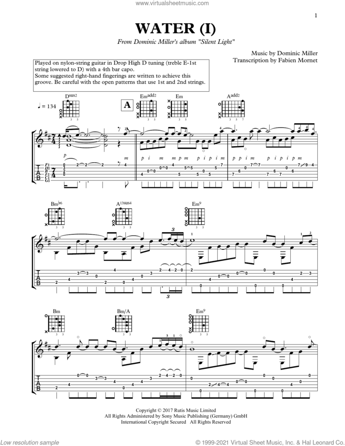 Water (I) sheet music for guitar solo by Dominic Miller, classical score, intermediate skill level