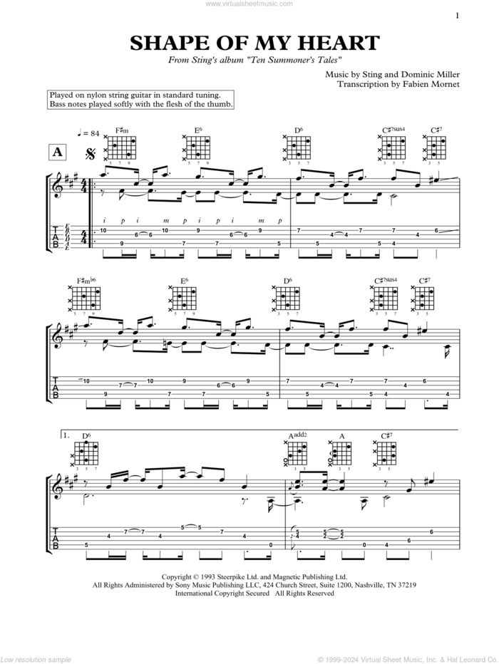 Shape Of My Heart sheet music for guitar solo by Dominic Miller and Sting, intermediate skill level