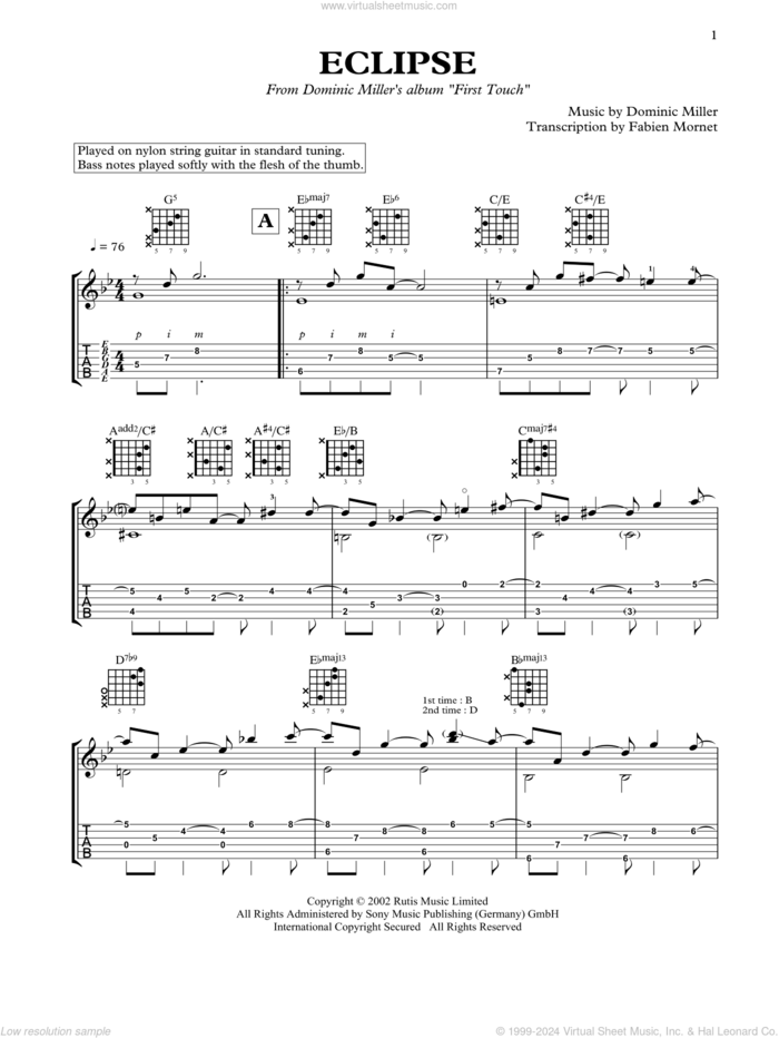 Eclipse sheet music for guitar solo by Dominic Miller, classical score, intermediate skill level