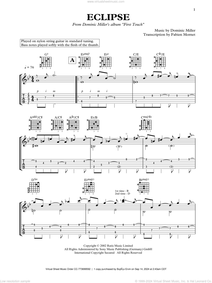 Eclipse sheet music for guitar solo by Dominic Miller, classical score, intermediate skill level