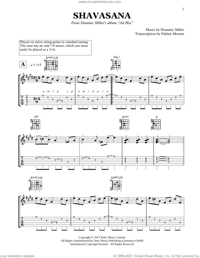 Shavasana sheet music for guitar solo by Dominic Miller, classical score, intermediate skill level