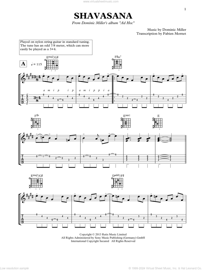 Shavasana sheet music for guitar solo by Dominic Miller, classical score, intermediate skill level